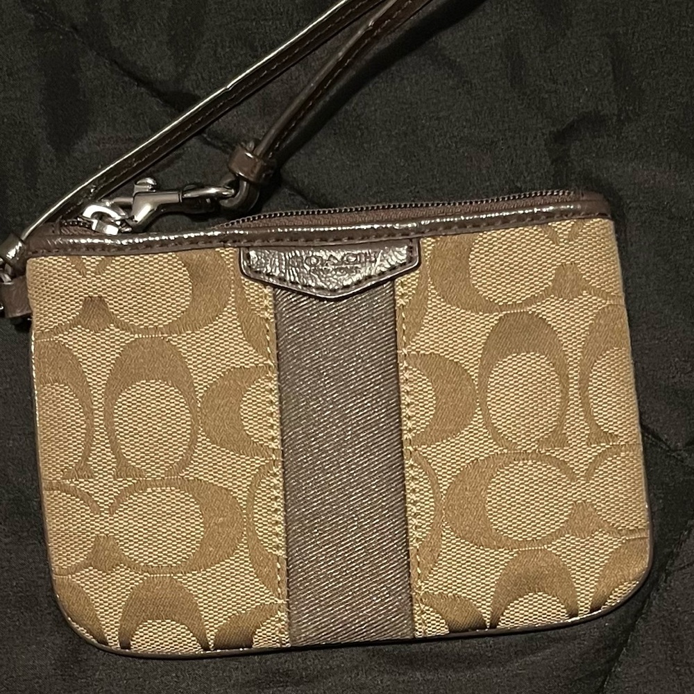 Coach Signature Tan and Brown Wristlet
